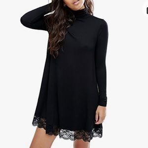 Leadingstar Black Mock Neck Knit Dress With Lace S